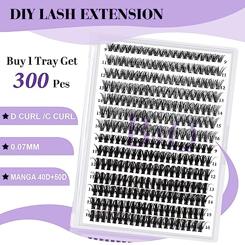 B&Qaugen DIY Individual Lashes 300 PCS False Eyelash Cluster Volume Extension 40D+50D 9-16MIX Black Polyester Lightweight and Soft, Cruelty Free, Vegan(40+50D-D-9-16)