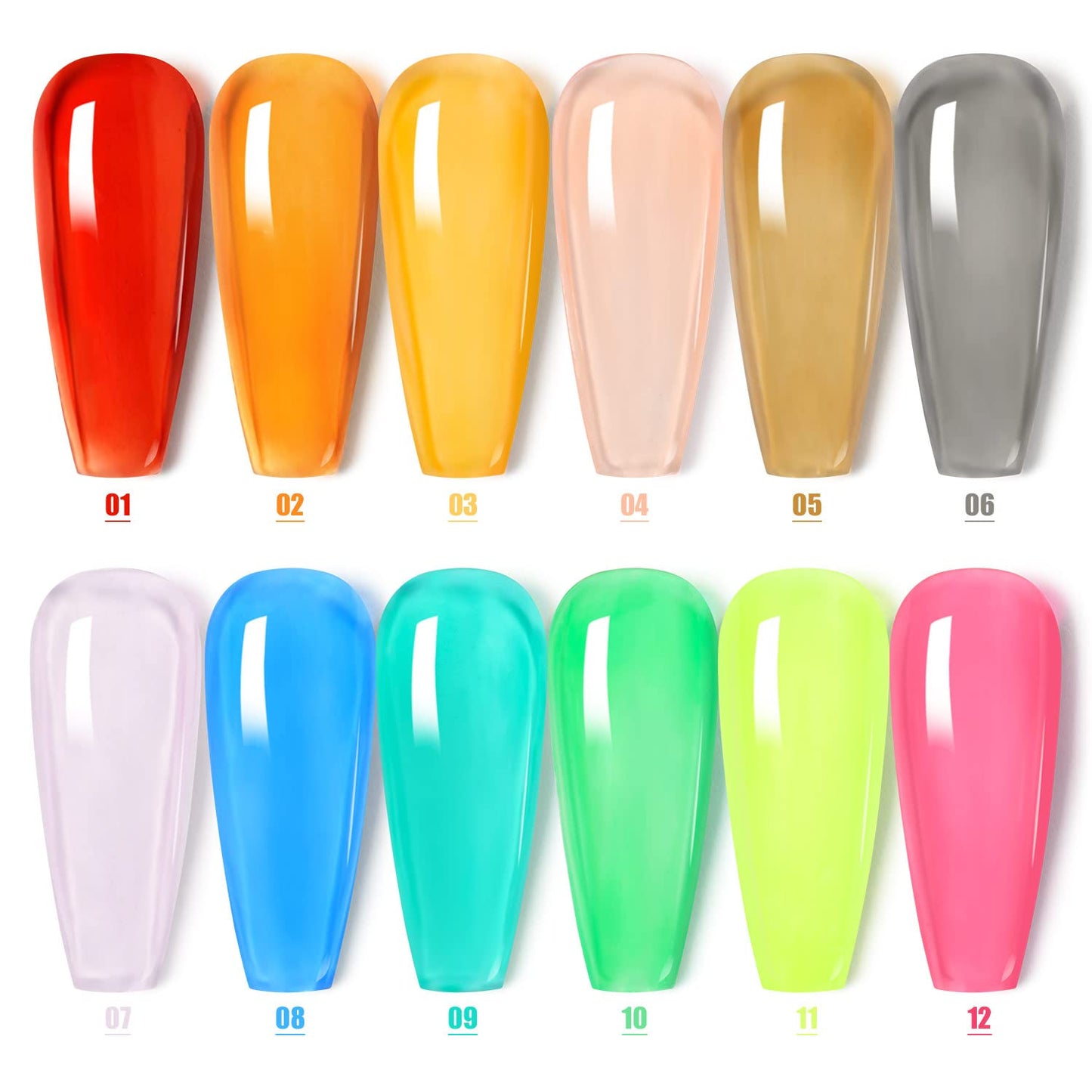 Major Dijit 12 Color Jelly Gel Nail Polish Set Blue Red Purple Rainbow Neon Yellow Green Orange Summer Crystal Glass Gel Polish Translucent Soak Off UV 8ML Nail Gel