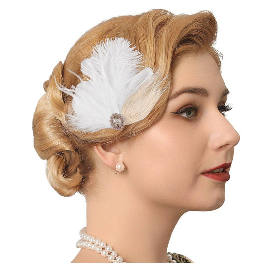 GENBREE 1920s Flapper Headband White Feather Hair Clip Rhinestone Headpiece Prom Party Hair Accessories for Women and Girls (Pattern 2)