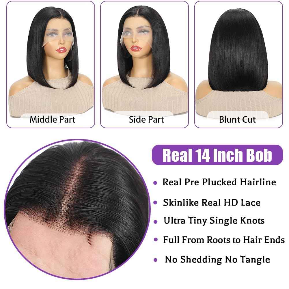 DYTJHMGL Short Bob Human Hair Wig - 250% Density Pre-Plucked Bone Straight HD Lace Front with Bleached Knots, 10 Inch