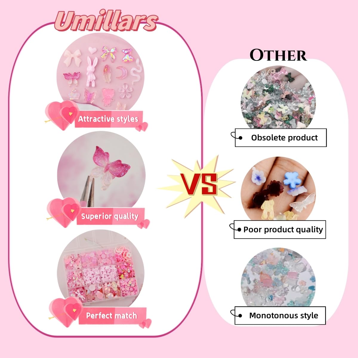 Umillars 700pcs 3D Resin Nail Art Charms with 1350pcs Special Shape Nail Flatback Rhinestones Nail Art Slices Acrylic Hollow Beads Nail Sequins Mini Flowers for Nail Art Designs(Pink+Purple+Red)