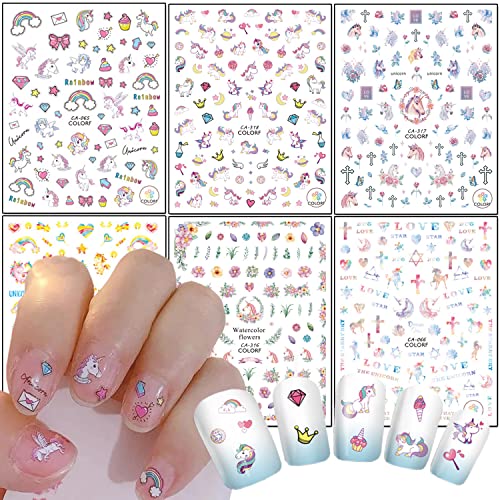 Cute Nail Art Stickers, 3D Cartoon Animal Nail Art Decals Holographic Unicorn Rainbow Heart Flowers Nail Adhesive Sticker Design for Women Girls Manicure Decoration DIY Nail Decal Supplies