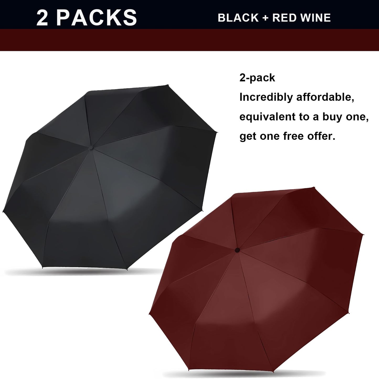 SIEPASA Two Packs Auto Open & Close Small Travel Umbrella Compact for Backpack-Umbrellas for Rain, Lightweight Strong Mini Portable Umbrellas for Men and Women. (Black & Wine Red, 2 Pack)