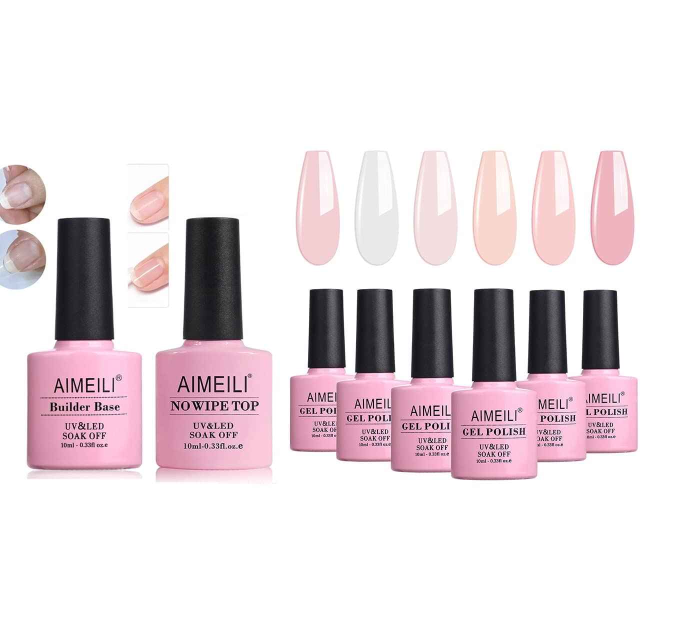 AIMEILI Builder Base Clear Sheer Color Gel, Builder Base and No Wipe Top Set