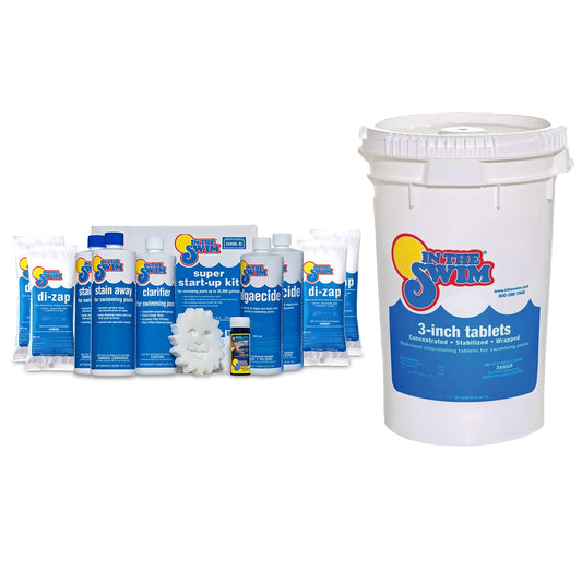 In The Swim Opening Kit and Chlorine Bundle - Pre-Measured Opening Kit for Easy Use - 50 Pound Bucket of 3-Inch Stabilized Chlorine Tablets - for Inground and above Ground Pools Up to 35,000 Gallons