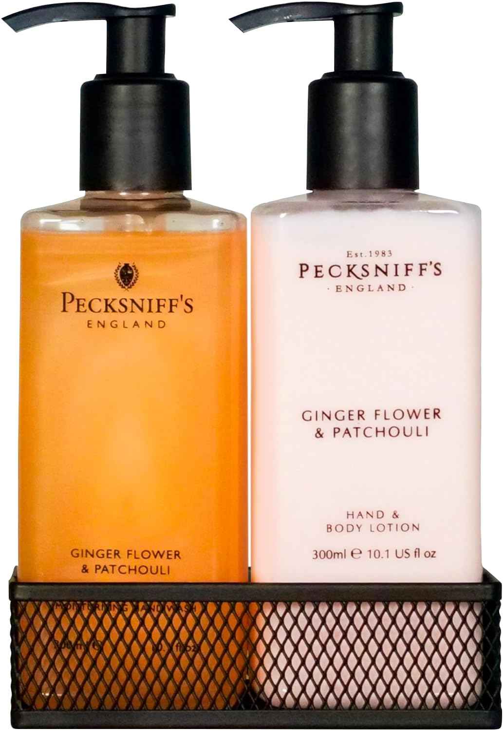 Pecksniffs Luxury Bath Gift Set, Ginger Flower and Patchouli Moisturizing Hand Soap and Body Lotion Set with Caddy, 10.1 Fl Oz