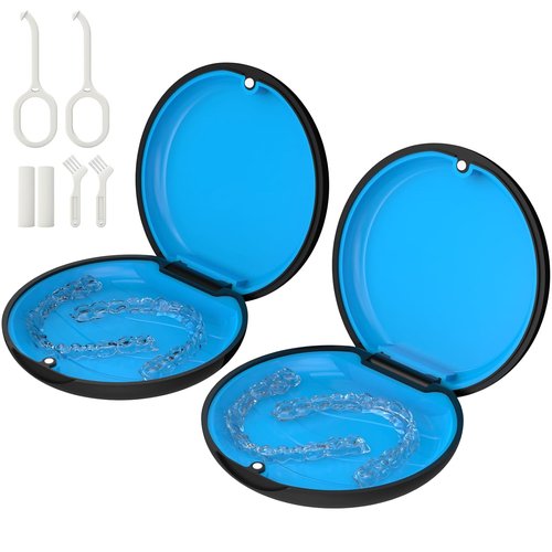 2 Pack Retainer Case, Compatible with Invisalign, Cute Orthodontic Slim Aligner Case with Removal Tool and Brush, Black