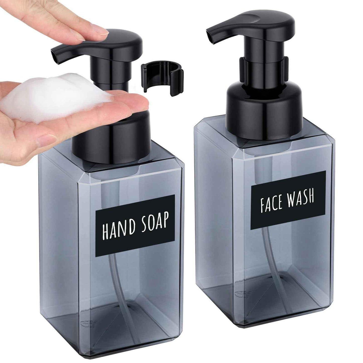 Segbeauty Empty Foam Soap Dispenser Pump Bottles 15.2oz 2pcs, Refillable Foaming Hand Soap Dispenser, 450ml Gray Foam Bottle with Waterproof Stickers, Plastic Square Liquid Foaming Container BPA Free