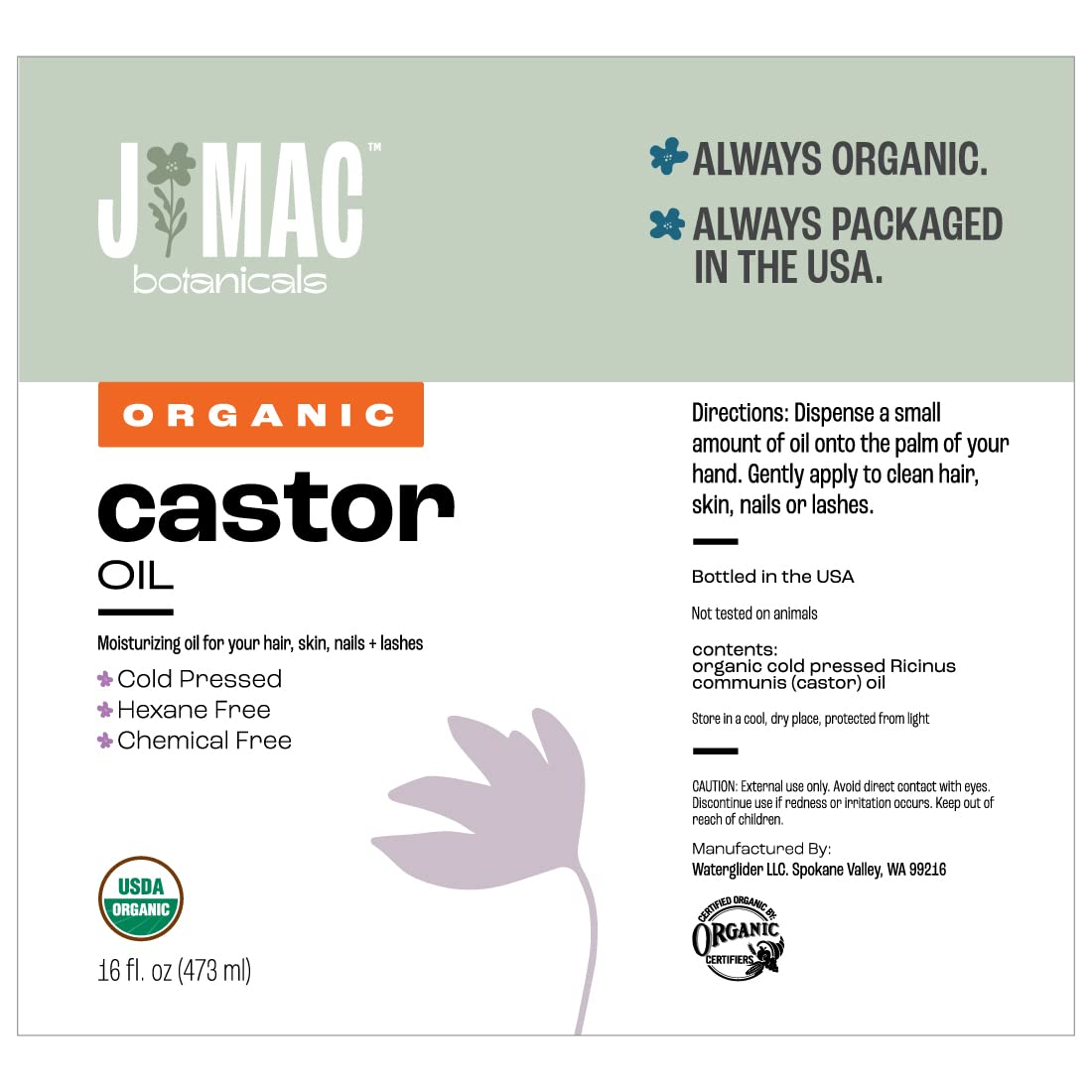 J MAC BOTANICALS Organic Castor Oil, Cold Pressed (16 oz) BPA Free, Castor hexane free, for face, skin, eyelashes, Certified USDA Organic