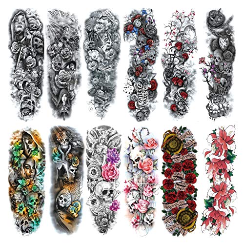 Pinone Full Arm Temporary Tattoo Stickers - 12 Sheets