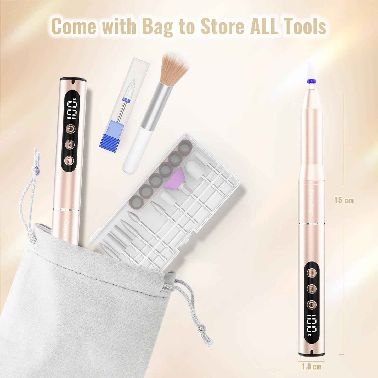 Denabuty Electric Nail Drill Cordless, 35000RPM Portable Electric Nail File with LCD Display and 12 Nail Drill Bits for Acrylic & Gel Nails, Professional Manicure & Pedicure Kit Set Golden