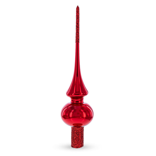 Glossy Red with Sparkling Top Mouth Blown Glass Christmas Tree Topper 11 Inches