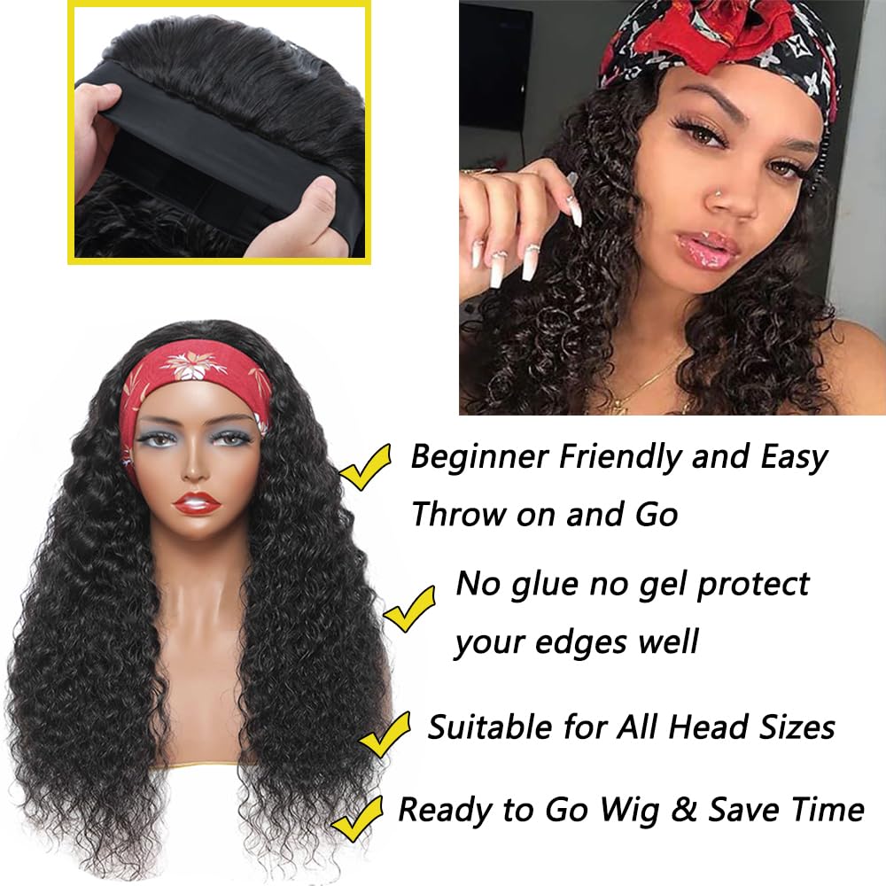 Unvizossa Headband Wig Human Hair Deep Wave None Lace Front Wigs Human Hair Curly Human Hair Headband Wigs for Black Women 150% Density Natural Color 14 Inch