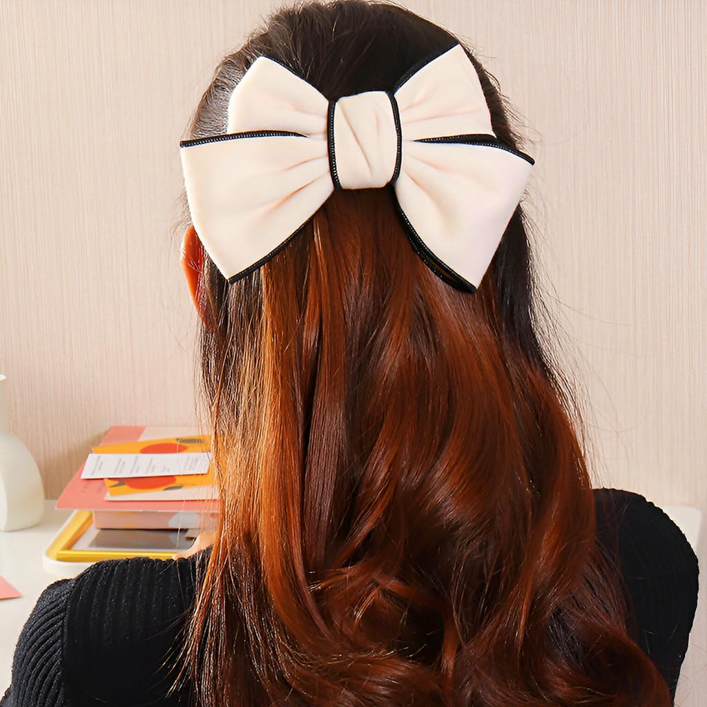 Hair Bows for Women 2 Pcs Big Soft Fabric Hair Bow Clips Black White Bowknot Barrettes Ponytail Ribbon for Girls Holiday Party Birthday Gift