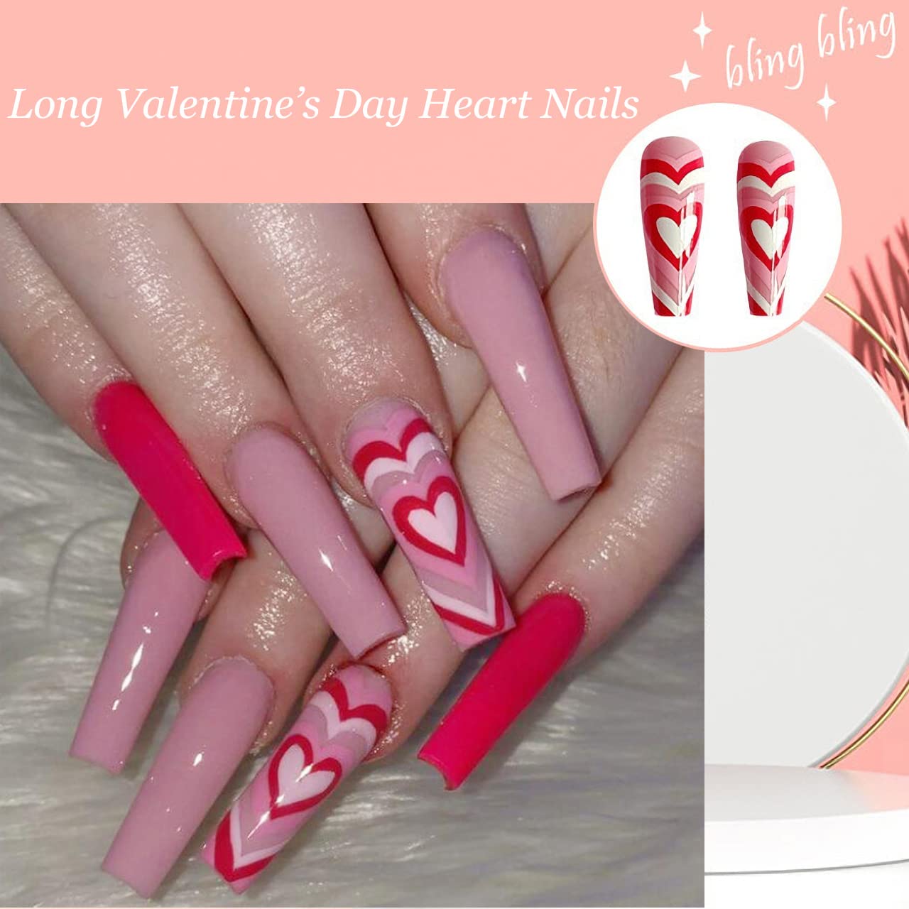 24 Pcs Valentine?™s Day Press on Nails Long Fake Nails Coffin Shaped Glue on Nails Glossy Heart Design False Nails Red Pink Valentines Heart Acrylic Nails for Women and Girls