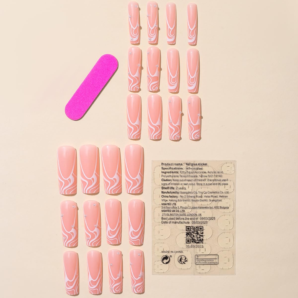 Square Press on Nails Long,Pearl Pink Long Fake Nails Acrylic False Nails,