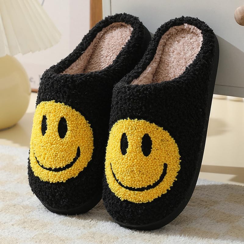 Geibiu Cute Smile Slippers for Women, Retro Soft Plush House Slippers, Warm Cozy Fuzzy Fluffy Happy Face Slippers,Slip-on Indoor Outdoor Preppy Slippers Shoes,Black Yellow