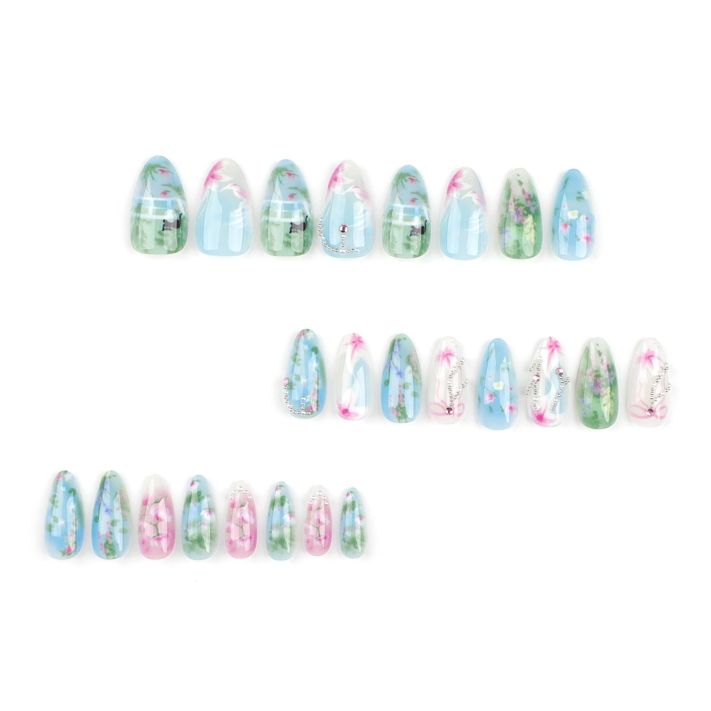 Press on Nails Medium Almond Fake Nails with Flower Designs Rhinestone Pearl Chain Fake Nails Glossy 3D False Nails Reusable Nail Kit for Women Artificial Nails 24Pcs