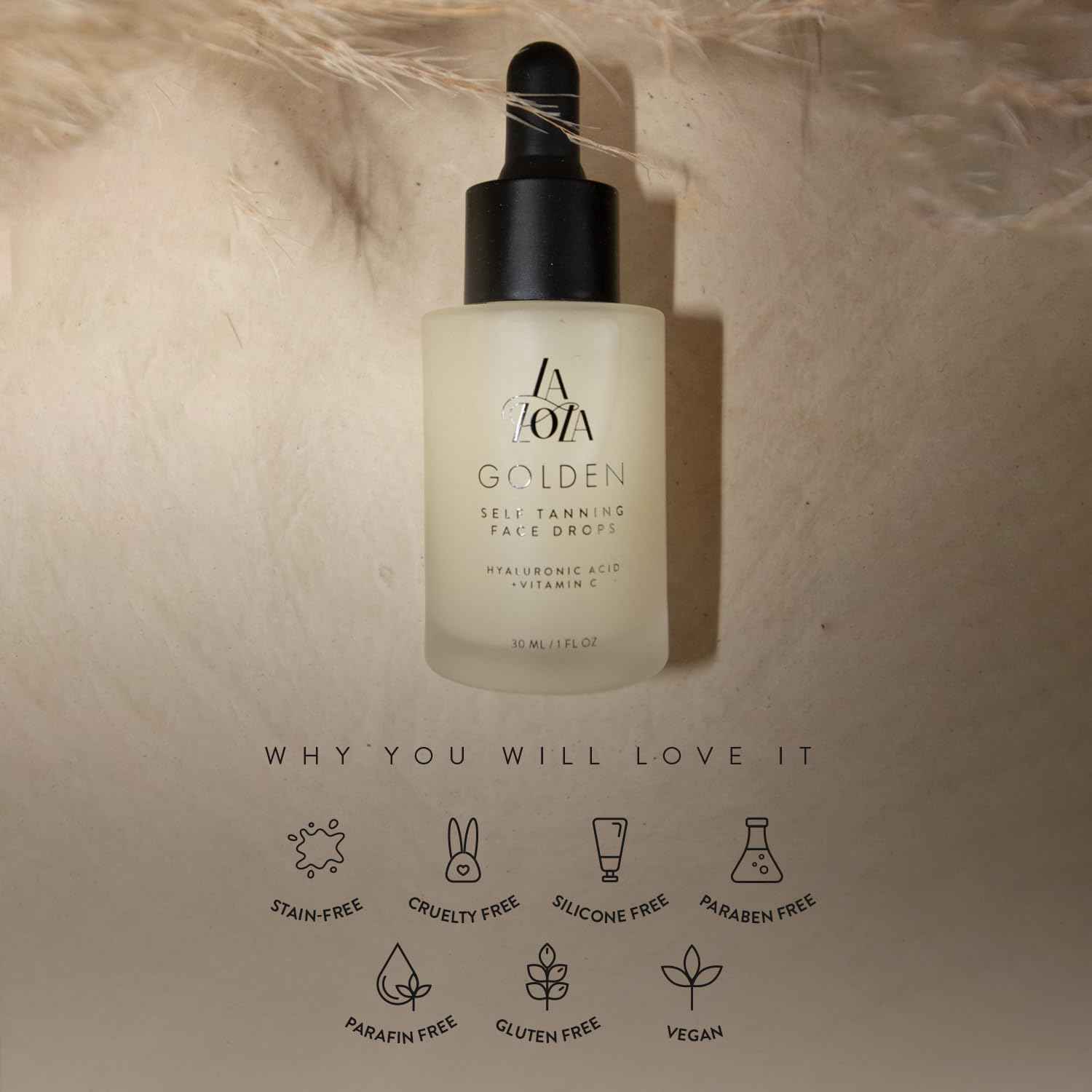 LALOLA Golden Face Tanning Drops – USA-Made Self Tanner with Vitamin C & Hyaluronic Acid, Natural & Ingredients for a Hydrated, Sunless Tan, Non-Toxic & Cruelty-Free Bronzing Drops