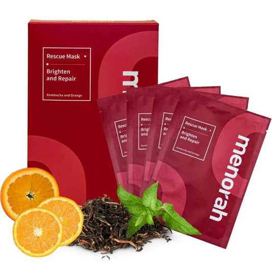menorah Brighten and Repair Rescue Sheet Masks (4 Sheets) – Facial Mask with Kombucha & Orange Extract, Hydrating & Elasticity Boost, Gentle & Skin-Friendly for All Skin Types, Sensitive Skin