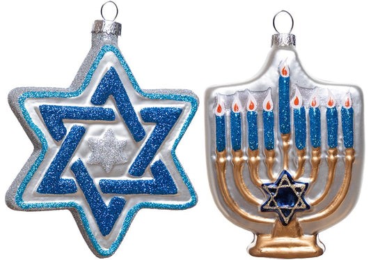 Set of 2 Hand Blown Glass Hanukkah Ornaments for Tree Decorations, Hanging Glass Star of David Ornament and Menorah Ornament, Premium Jewish Christmas Ornaments for Christmas Tree