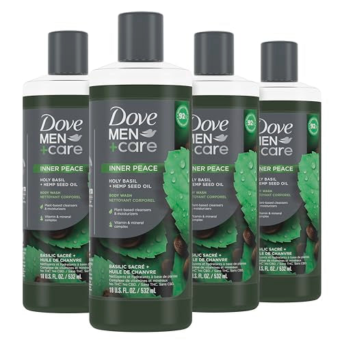 Dove Men+Care Body Wash Holy Basil + Hemp Seed Oil 4 Count to Rebuild Skin in the Shower with Plant-Based Cleansers and Moisturizers 18 oz