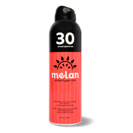 Melan SPF 30 Antioxidant Sunscreen Body Mist, 6 oz - Lightweight, Water & Sweat Resistant, Vitamin C, Green Tea, Broad Spectrum, Vegan, Clean Ingredients, Dermatologist Tested, Non-Greasy, Made in USA