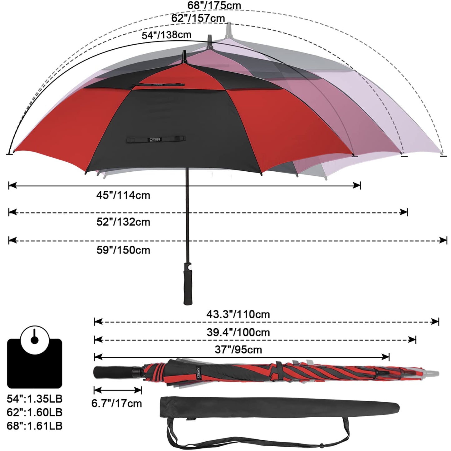 G4Free 54 Inch Automatic Open Golf Umbrella Extra Large Oversize Double Canopy Vented Windproof Waterproof Stick Umbrellas(Black/Red)