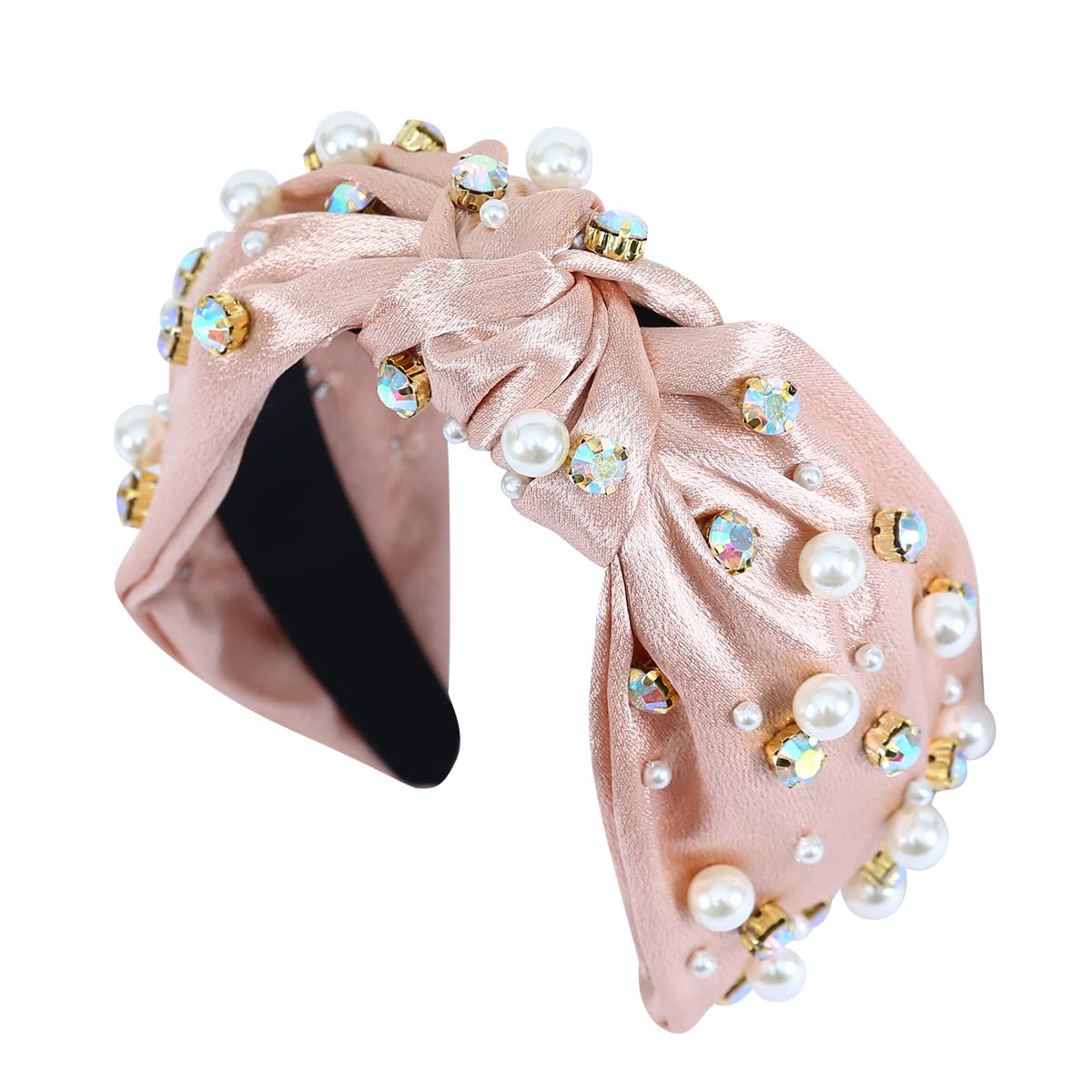 FEDANS Satin Headbands for Women Knotted Rhinestone Crystal Headband Pearl Jeweled Champagne Hairband Ladies Hair Accessories