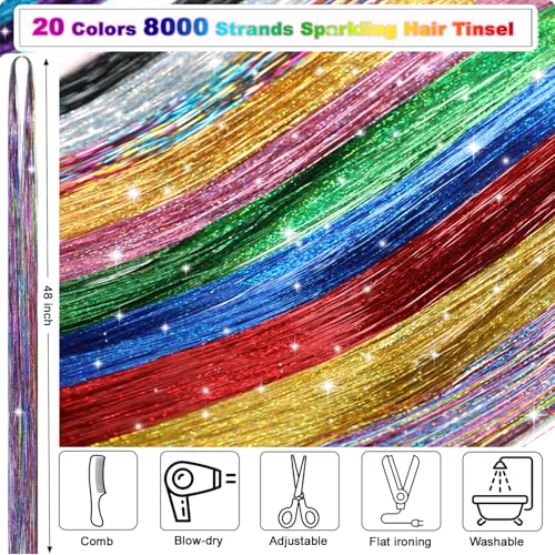 20 Colors Hair Tinsel Kit with Tools - 8000 Strands Heat Resistant Extensions