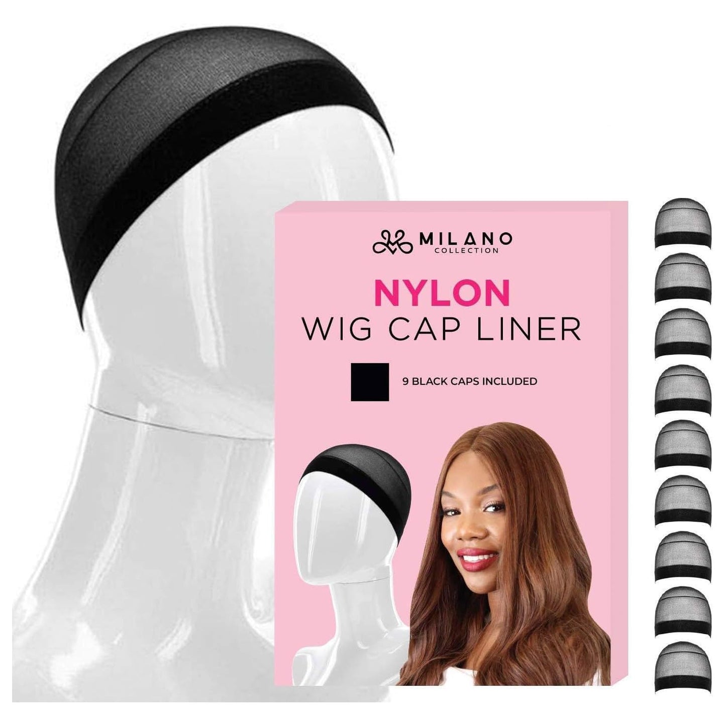 MILANO COLLECTION Wig Caps for Women | Premium Breathable, Stretchable, Nylon Bald Wig Cap Liner Stocking for Wigs and Lace Front Wigs, Hair Cap, Black, 1 Pack of 9 Caps, 9 Count