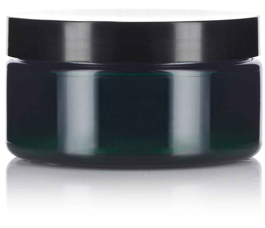 JUVITUS (12 Pack) 8 oz Green PET Plastic Low Profile Jar with Black Smooth Lid