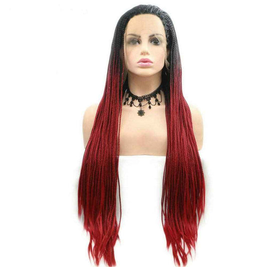 RainaHair 26inches Flawless Drag Queen Black Ombre Red Box Braided Wigs for Afro America Women Hairstyle Festival Makeup Party Cosplay Long Synthetic Hair Safety Wear Replacement Braids Wig
