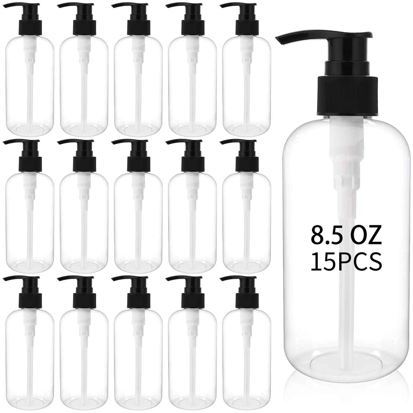 DISWALE 15 Pcs 8.5 oz Empty Pump Bottles, Clear Refillable Plastic Dispenser Bottles for Shampoo, Lotion, Hand Soap, Body Wash, Oil, Moisturizer, Travel Liquid Containers