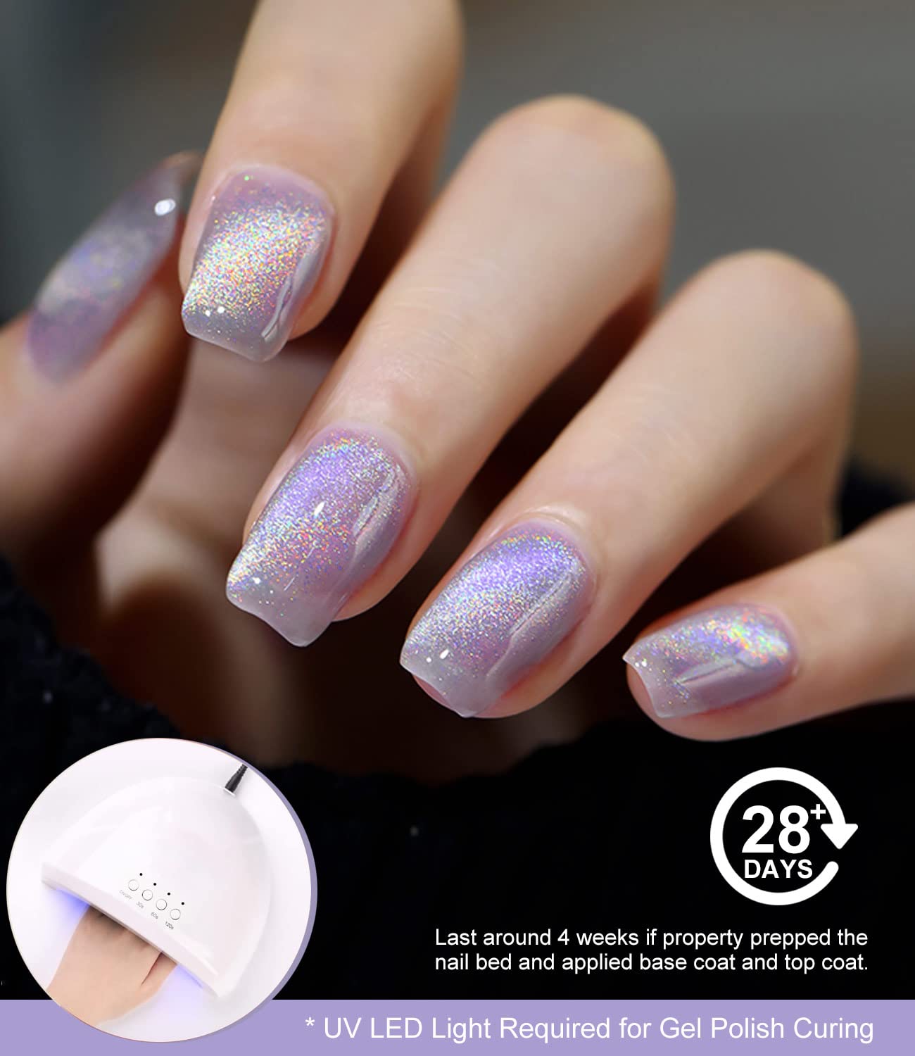 Gel Nail Polish 15ml/0.5fl oz Holographic Purple 9D Cat Eye Shiny Glitter Soak Off Nail Polish with Magnetic Stick for Nail Salon