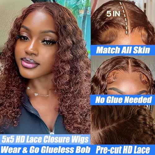 Bob Wig Human Hair Wear and Go 5x5 HD Lace Closure Curly Wigs for Black Women Chocolate Brown Lace Front Deep Wave Glueless Wigs Human Hair Pre Plucked Pre Cut 10Inch