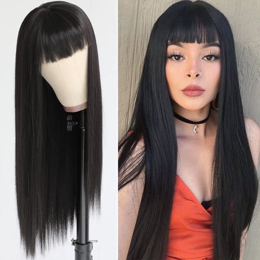 QD-Tizer Black Color Synthetic Hair Wigs with Full Bangs Long Straight Wig Natural Soft Hair Heat Resistant Synthetic No Lace Wigs for Women 24 inch