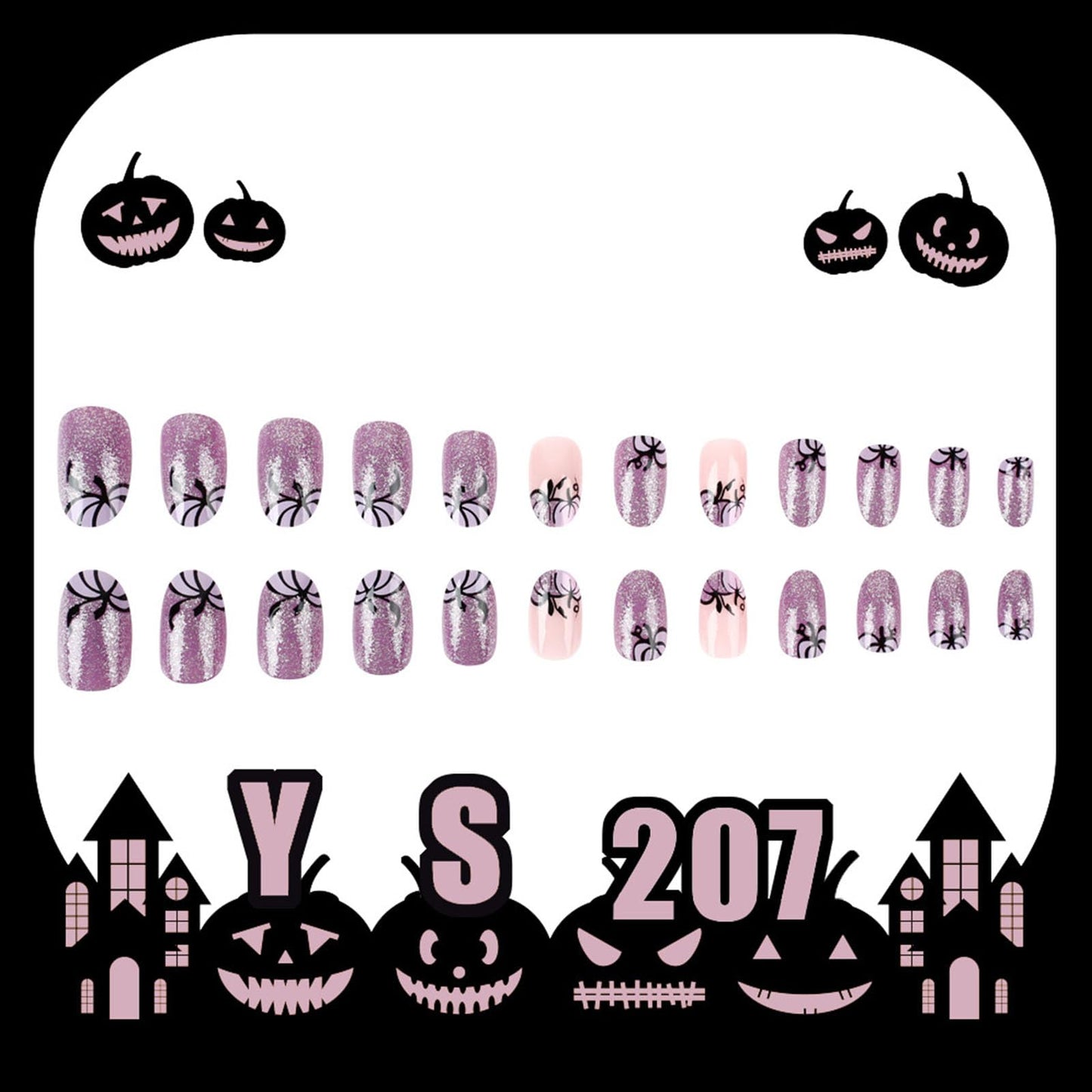 Halloween Press on Nails Short Oval Purple Glitter Fake Nails with Pumpkin Designs French Glue on Nails Glitter False Nails Press ons Glossy Acrylic Stick on Nails for Women Girls 24 Pcs