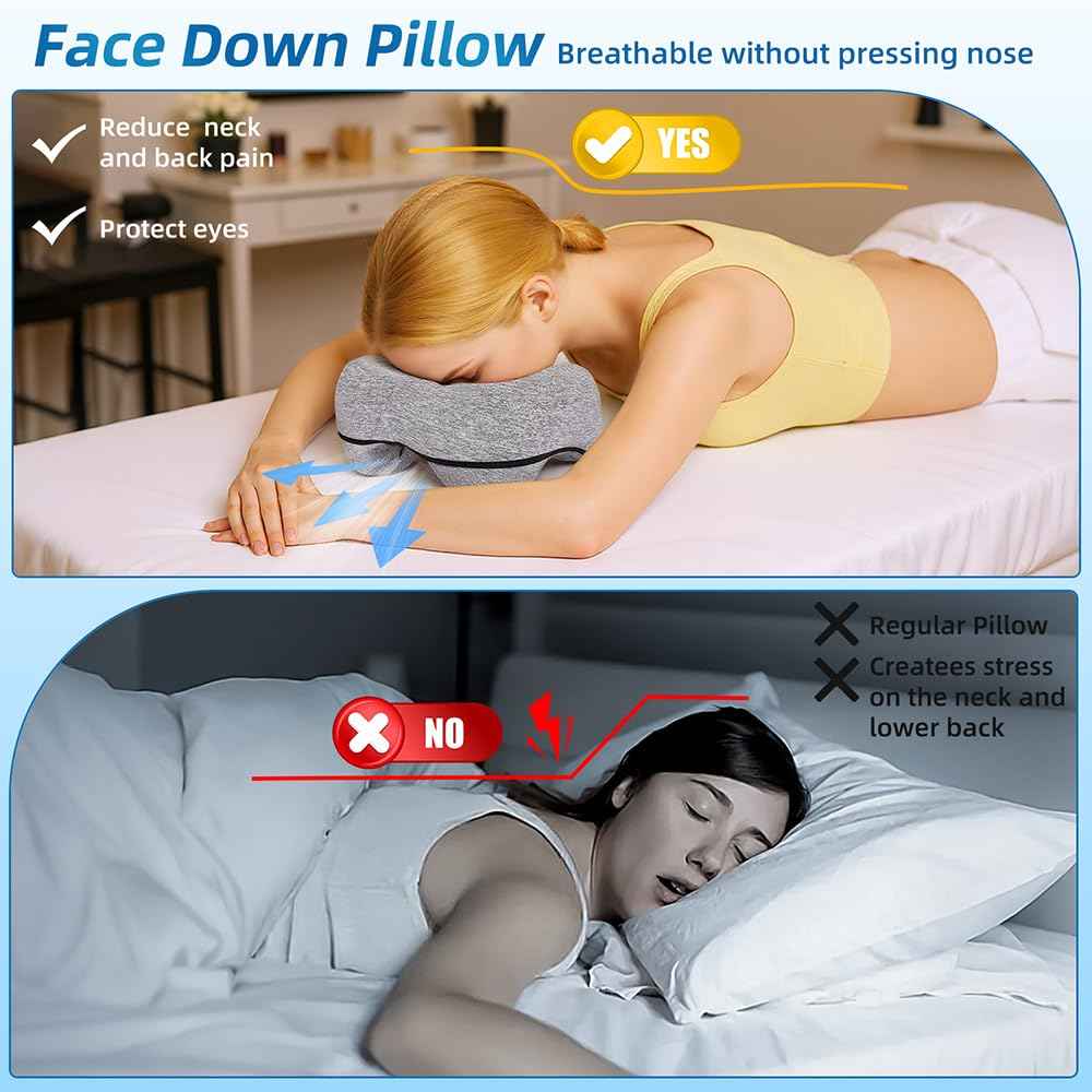YOSHIKO Massage Table Face Pillow Face Down Pillows for Bed, Massage Headrest for Face Down Sleepers, Eye Surgery Recovery, Spa Pillow for Massage Table with Breathable Design, Removable Cover Grey