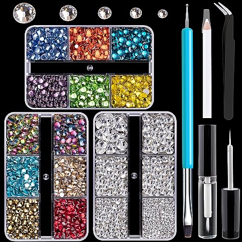 Colorful Face Gems for Makeup Set, Flatback Gorgeous Glass Clear+Mixed-Colored Crystals with Picker Pencil, Makeup Glue, Dual-End Dotting Tool, Tweezer for Eye Body Hair Make-up and Nail Art Deco