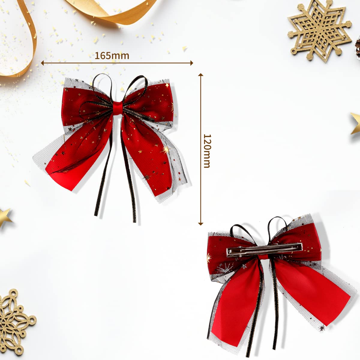 2PCS NEW YEAR Snow Flake Hair Bows Package, Red Bow and Black Bow with Snowflake and Red Hair Ribbon, Hair Bows for Girls, 2024 New year Gift Under 20, Holiday Bows for Girls (Red, Black)