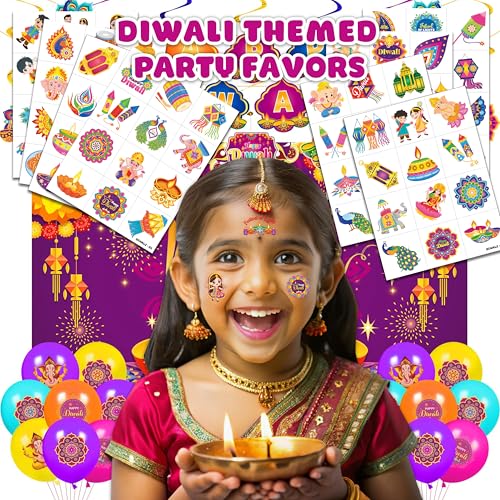 96 PCS Happy Diwali Pre-Cut Temporary Tattoos for Kids | Supper Cute Themed Birthday Party Favors, Supplies, Decorations, Diwali Festival Fake Tattoo Stickers, School Rewards Gifts for Boys & Girls