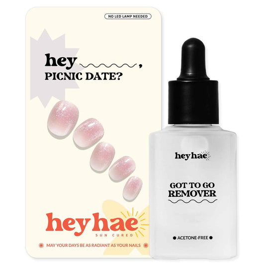 Heyhae Essentials Bundle - Semi Cured Gel Nail Strips (Hey, Picnic Date?) + Got To Go Remover [2 Pack]