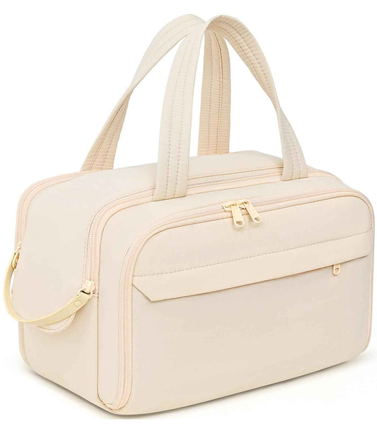 Hairao Travel Toiletry Bag, Lightweight Large Wide-open Toiletry Bag for Women, Puffy Makeup Bag with Handle, Carry-on Wet and Dry Travel Cosmetic Bag For Accessories, Essentials, Toiletries, Beige