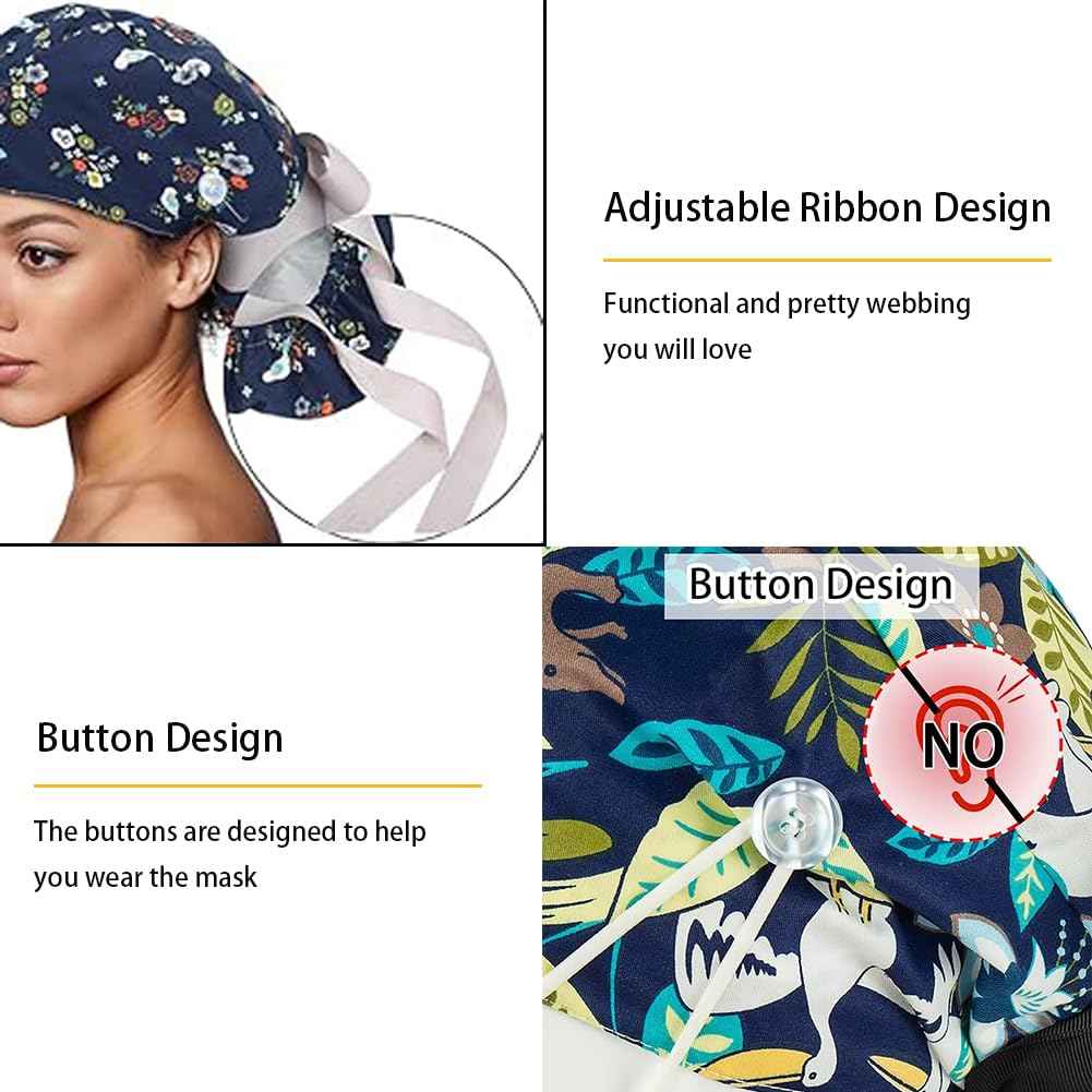 8Pcs Satin Lined Scrub Caps Women, Surgical Caps for Women, Adjustable Scrub Hats Womens Ponytail with Button and Sweatband, Nurse Cap for Unisex, Working Cap, Elastic Ponytail Pouch Tie Back