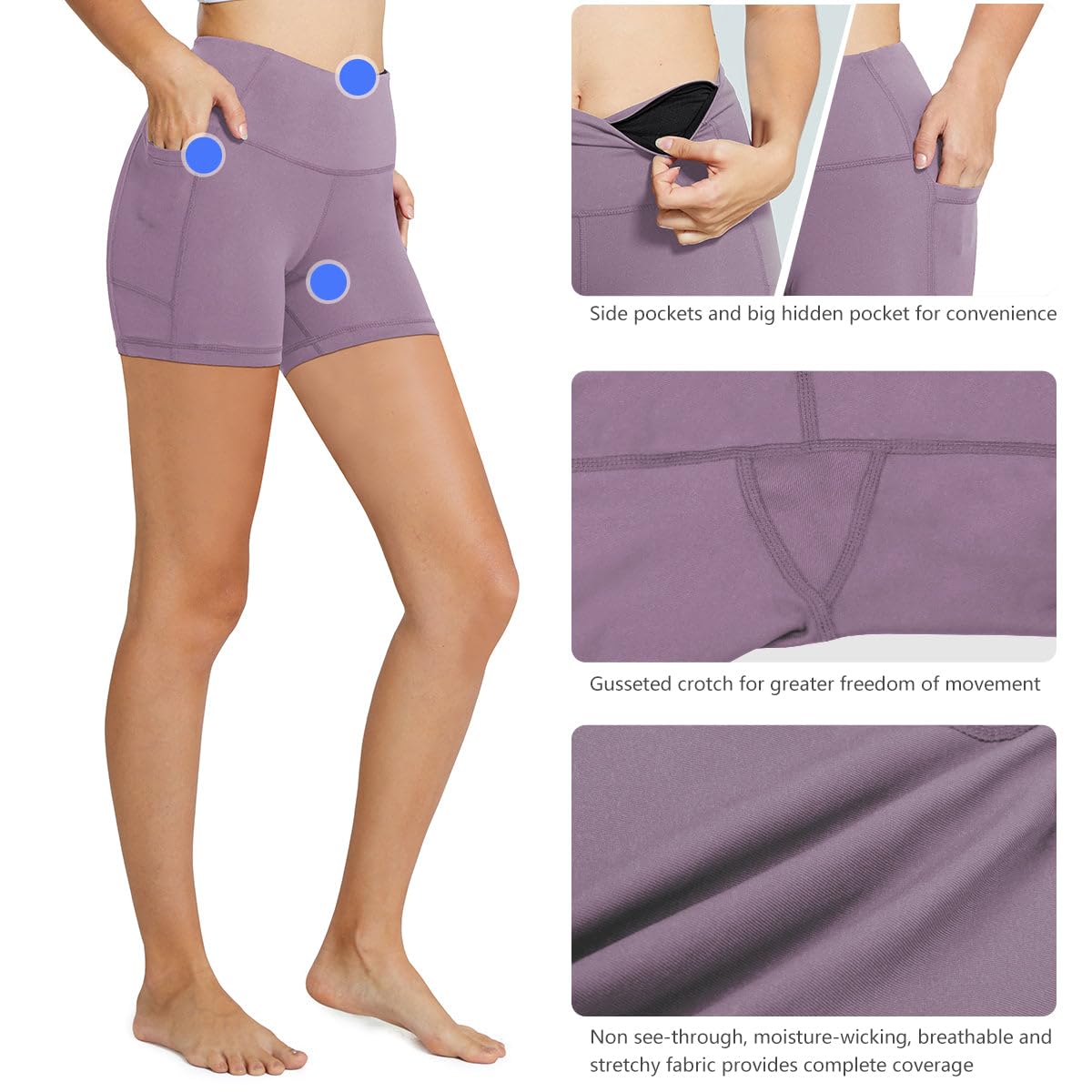 BALEAF Biker Shorts Women Yoga Gym Workout Spandex Running Volleyball Tummy Control Compression Shorts with Pockets 5" Light Purple XS