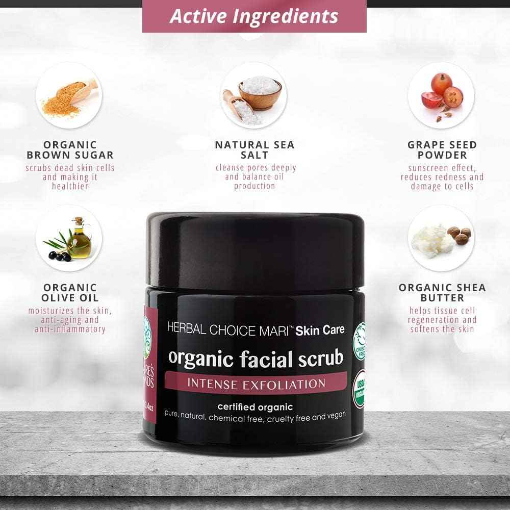 Organic Facial Scrub by Herbal Choice Mari (3.4 Fl Oz Glass Jar) - Intense Exfoliating Face Wash with Brown Sugar, Sea Salt, Shea Butter, and Grape Seed - For Dry Skin - No Toxic Chemicals