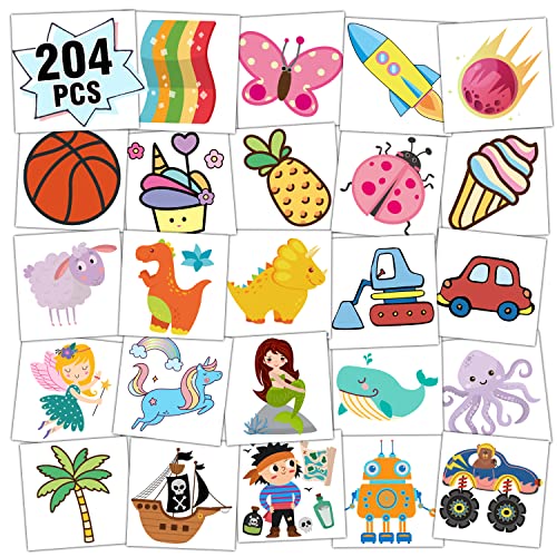 Partywind Temporary Tattoos for Kids, 204 Sheets
