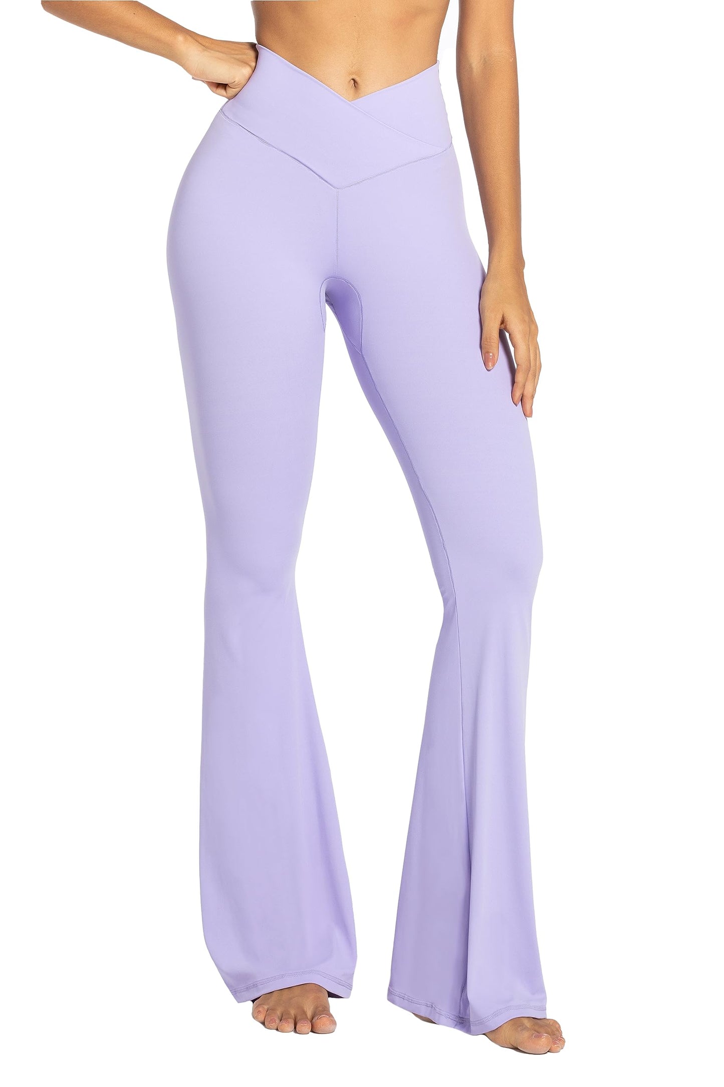 Sunzel Flare Leggings, Crossover Yoga Pants with Tummy Control, High-Waisted and Wide Leg, 30" Inseam, Lavender X-Small