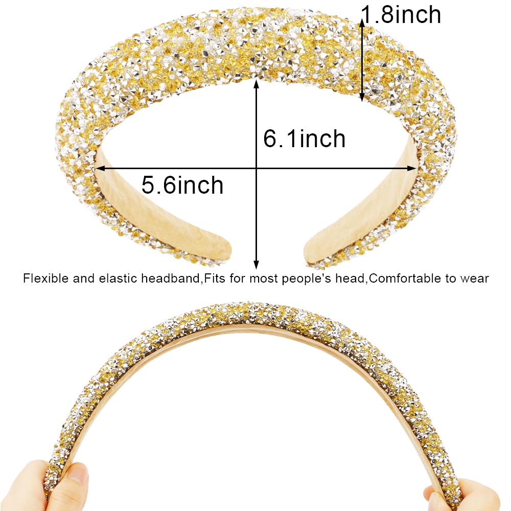 AHONEY 2 Pack Rhinestone Headband Women Thick Padded Headband, Sequin Beaded Pearls Head Band Glitter Cute Headband Birthday Prom Hair Accessories For Women Girls (Black&Gold)